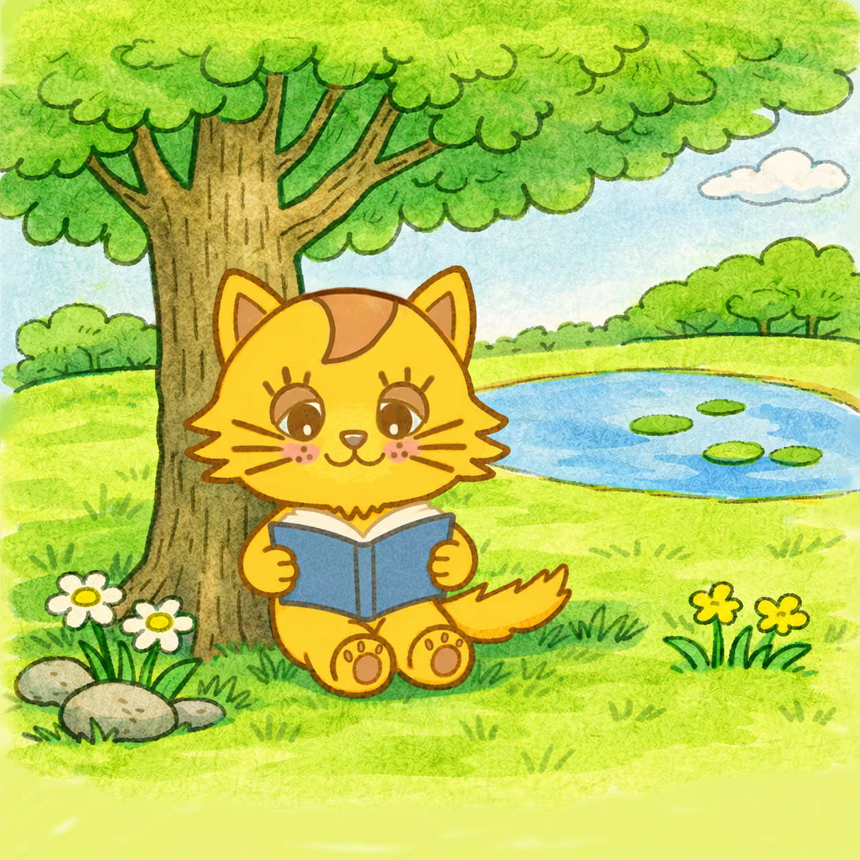 Phoebecat sitting under a tree holding a book