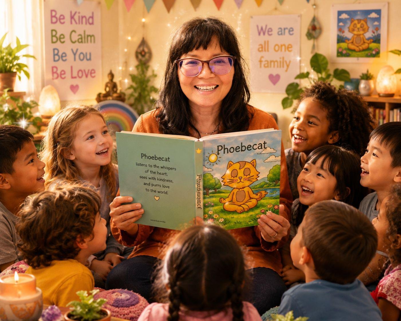 Yvonne reading Phoebecat with children